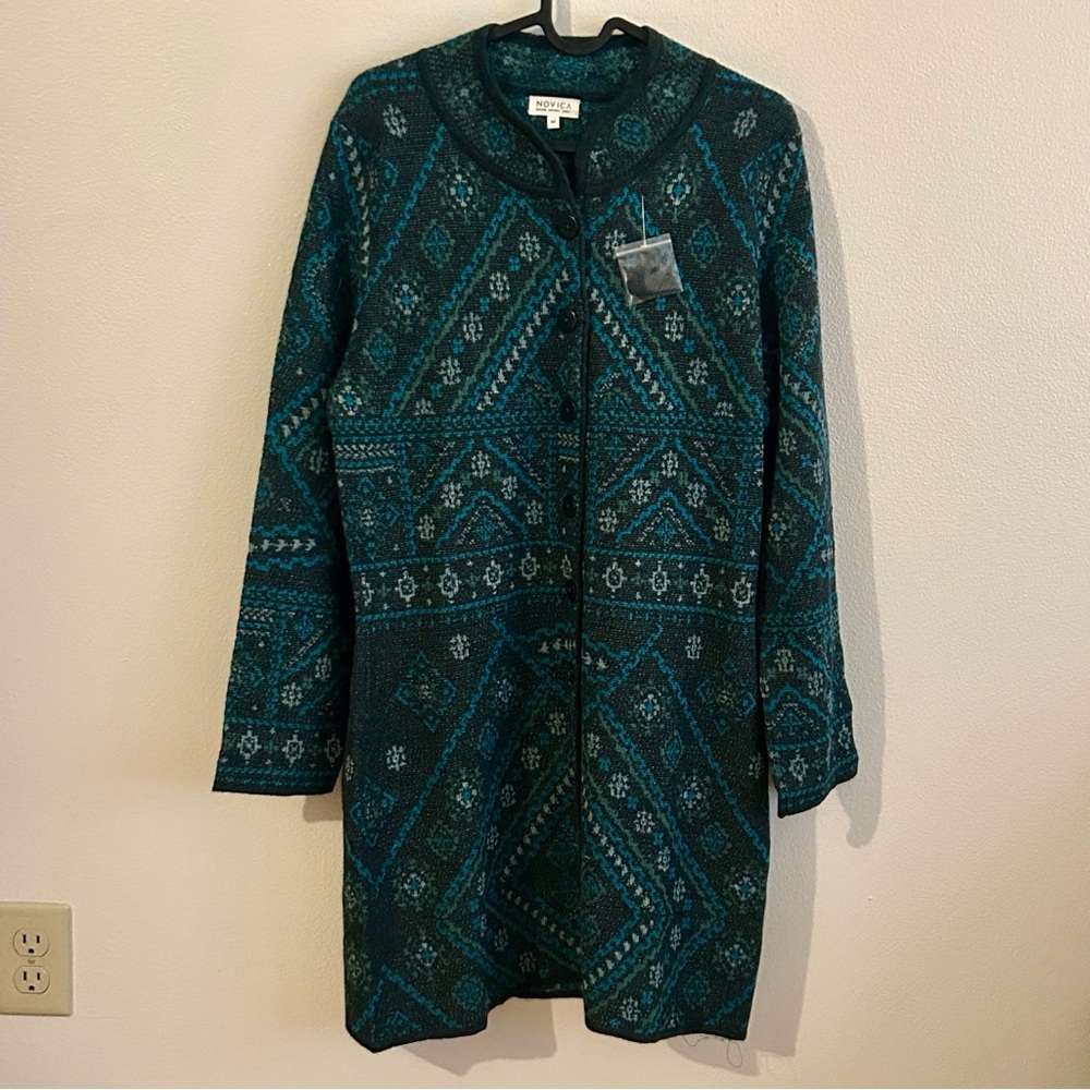 Novica Luxurious Women's 100% Baby Alpaca Green/Teal Geometric Long Cardigan..M